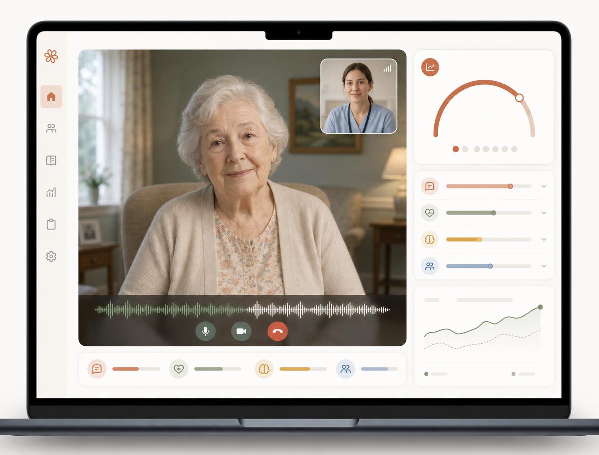 Platform screen showing a live video session with an AI virtual patient and real-time assessment metrics